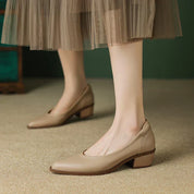 Eliane Beaufort | Beige Pointed Toe Block Heel Slip-On Pumps