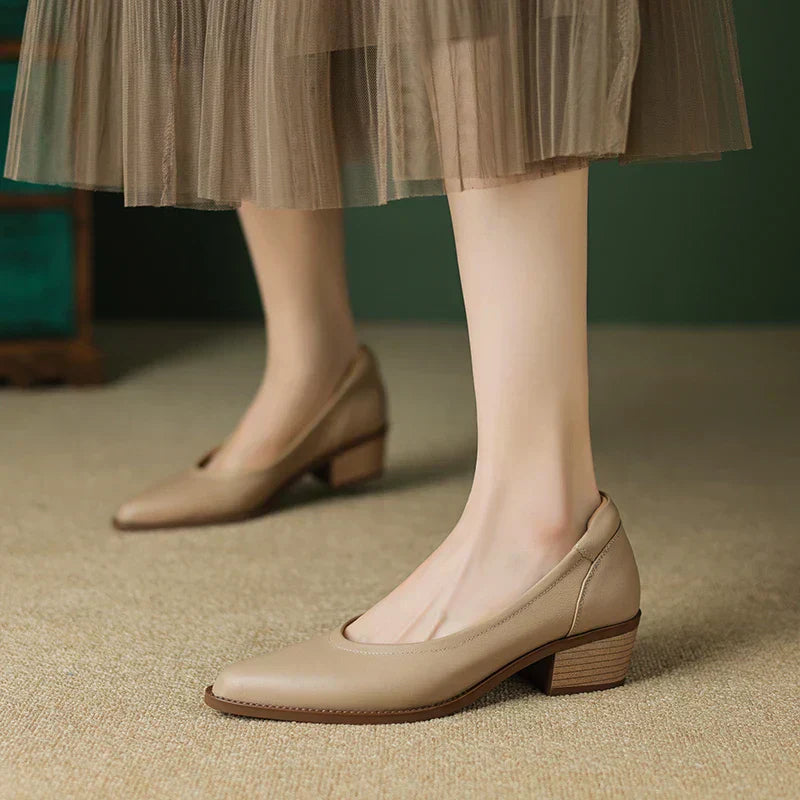 Eliane Beaufort | Beige Pointed Toe Block Heel Slip-On Pumps