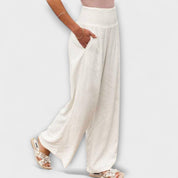 Roseline Beaupré | Coral Wide-Leg Linen Trousers with Smocked Waist