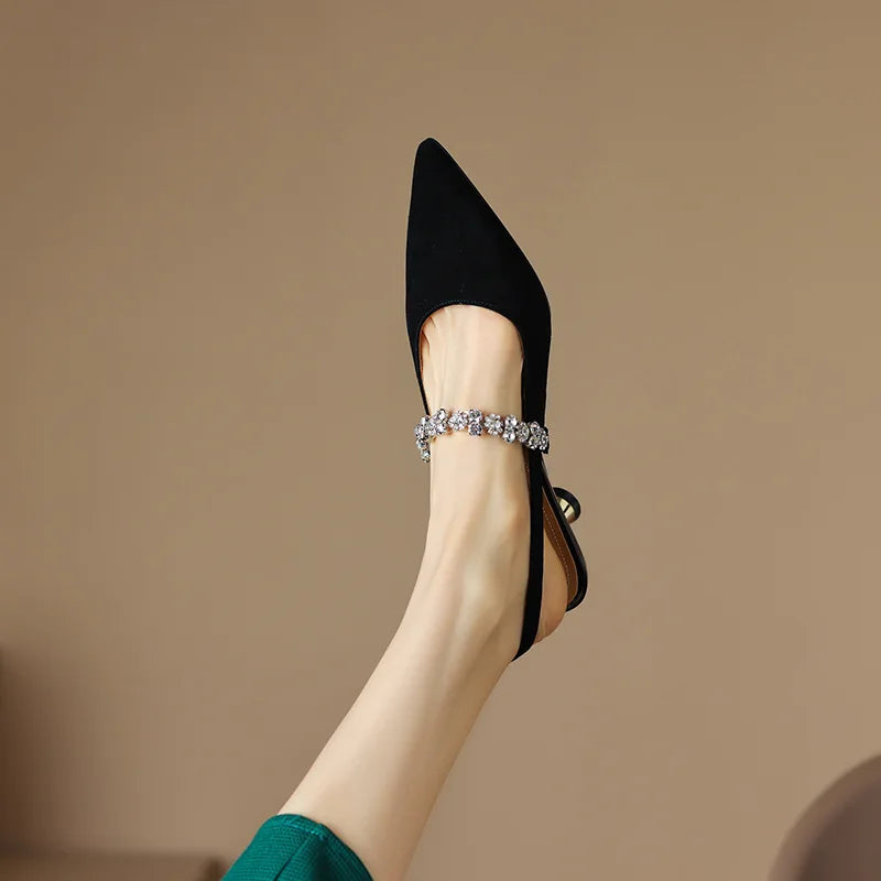 Cosette Wyndham | Silver Crystal Strap Slingback Pointed Toe Heels