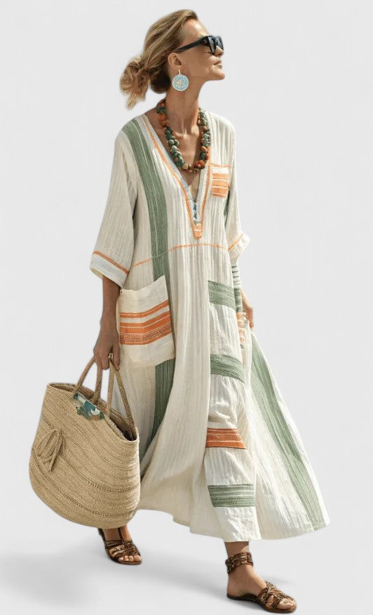 Margaux Bellerive | V-Neck Kaftan Maxi Dress with Stripe Detail