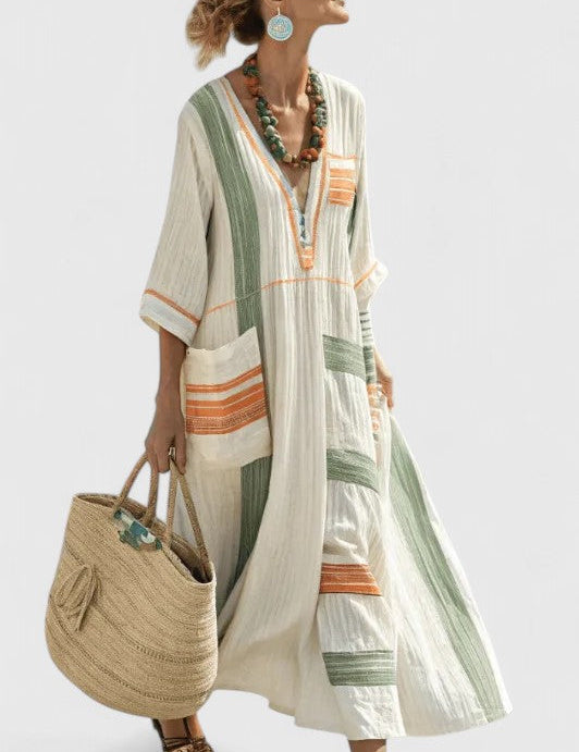 Célimène Ravensford | White Striped V-Neck Maxi Dress