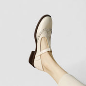 Aurelie Sinclair | Cream Leather T-Strap Brogue Mary Jane Flats
