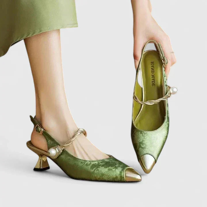 Rosalind Fontenay | Green Floral Jacquard Kitten Heel Slingback with Pearl Strap