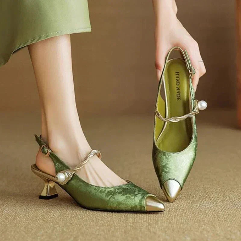 Vivienne Saintcourt | Green Floral Jacquard Pearl Strap Slingback Kitten Heel