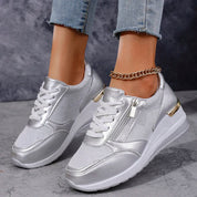 Marguerite Solvaine | Silver Metallic Platform Sneakers with Side Zipper