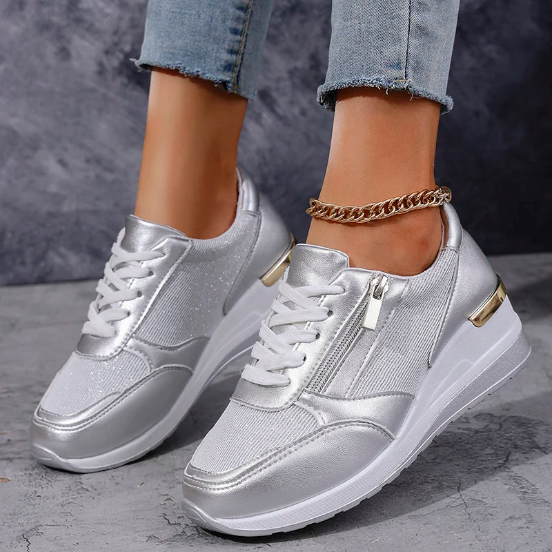 Marguerite Solvaine | Silver Metallic Platform Sneakers with Side Zipper