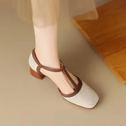 Vivienne Dawnfort | Cream Perforated T-Strap Block Heel Pumps