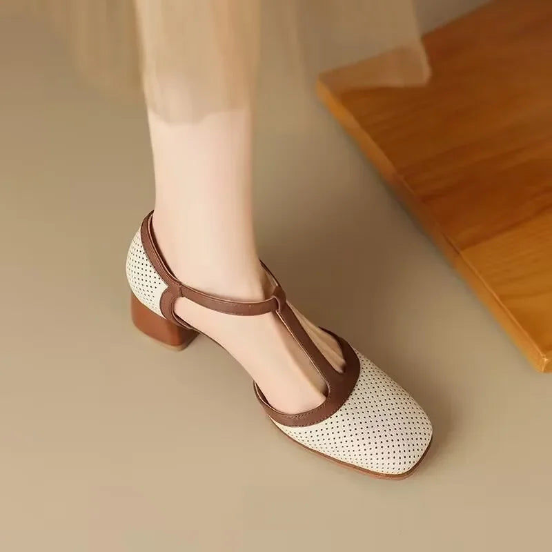 Vivienne Dawnfort | Cream Perforated T-Strap Block Heel Pumps