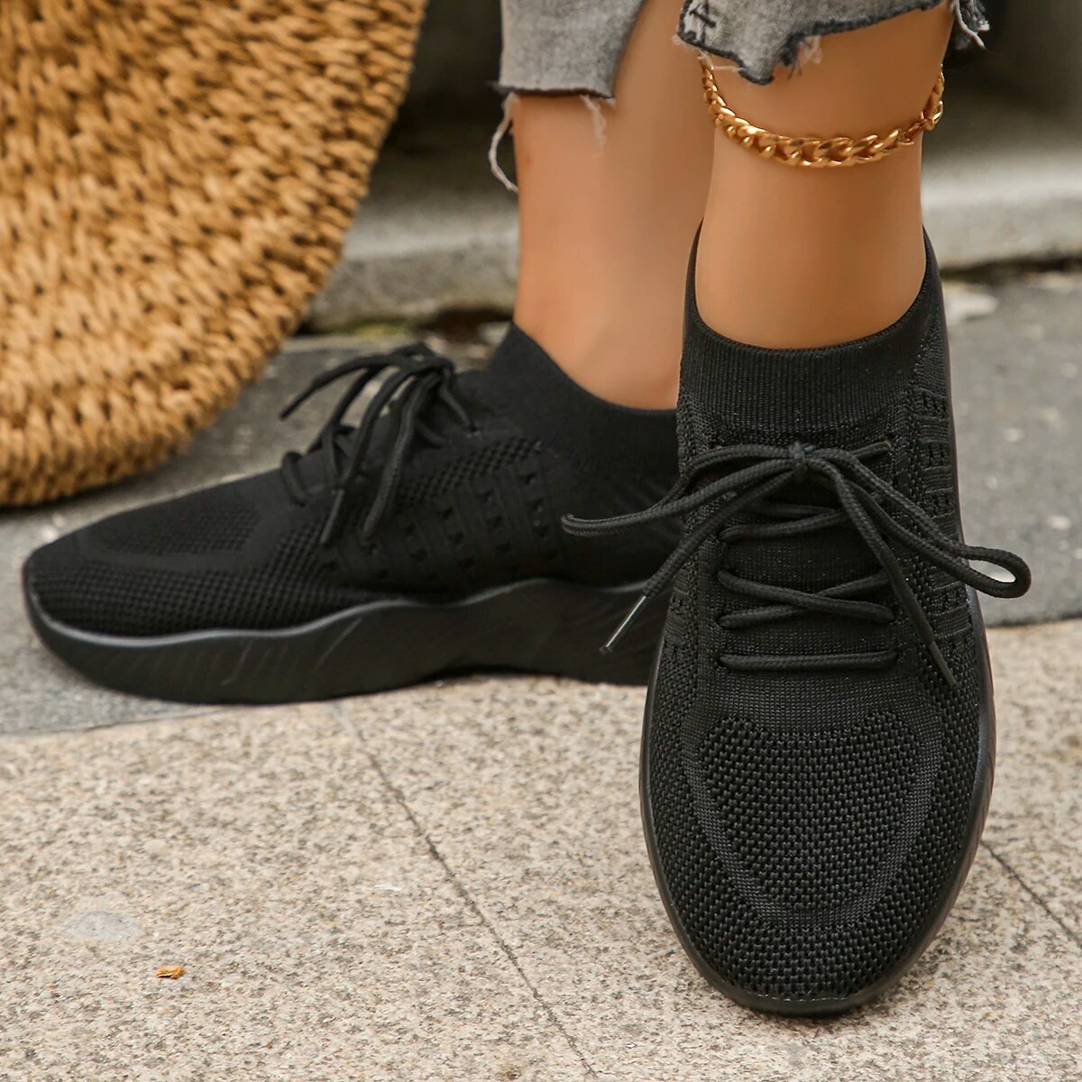 Marlowe Sinclair | Beige Knit Lace-Up Sneakers for Women