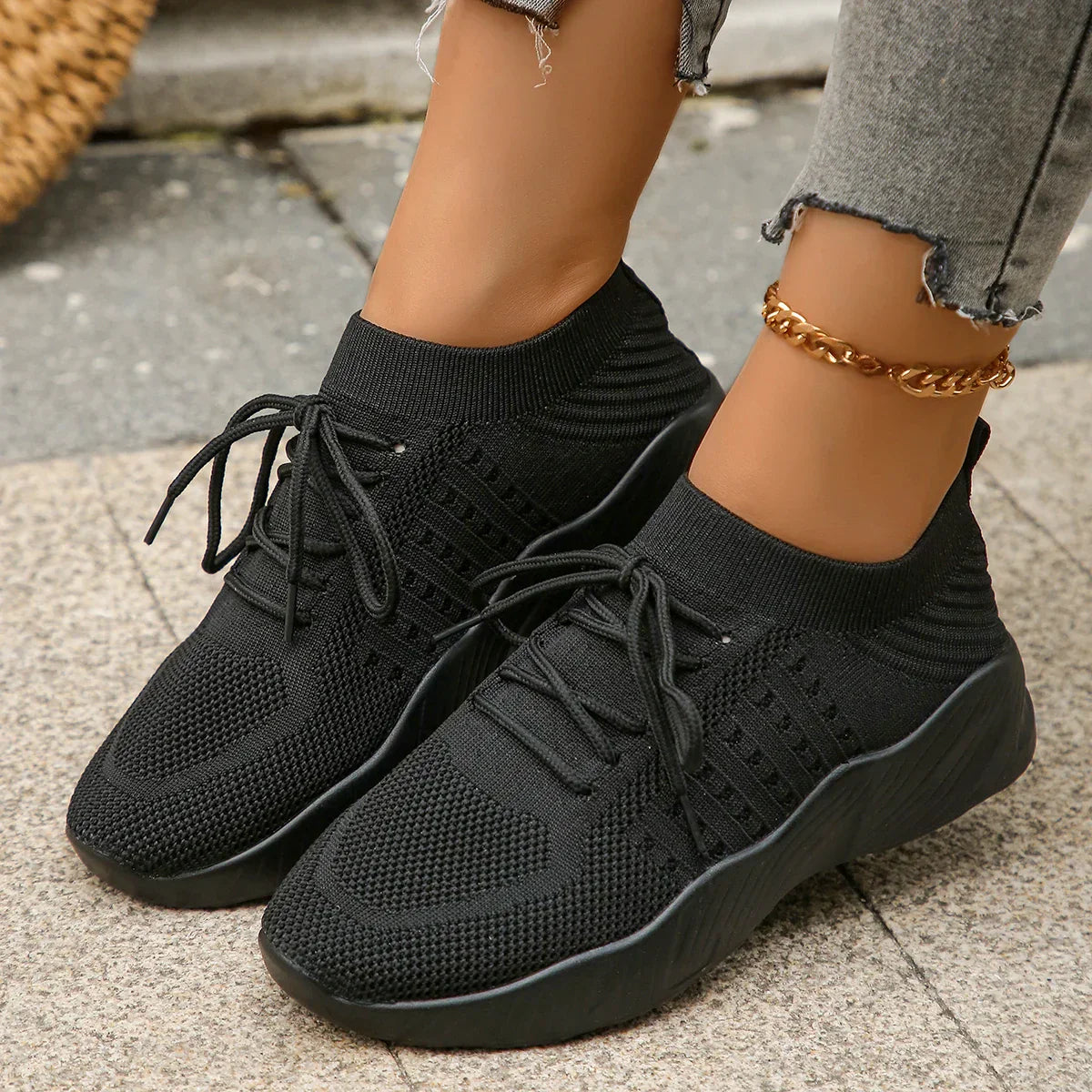 Marlowe Sinclair | Beige Knit Lace-Up Sneakers for Women