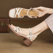 Lavinia Chesterfield | Cream Leather Strappy Block Heel Sandals
