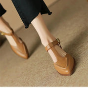 Camille Beauverne | T-Strap Buckle Flat in Tan Leather