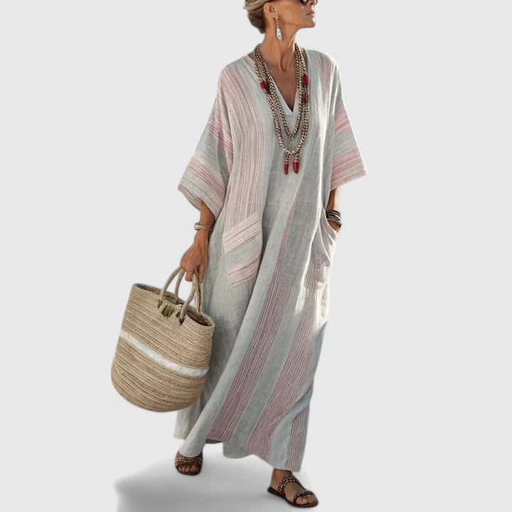 Céleste Fonrouge | Bohemian Cream Linen Maxi Dress with V-Neck