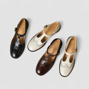 Aurelie Sinclair | Cream Leather T-Strap Brogue Mary Jane Flats