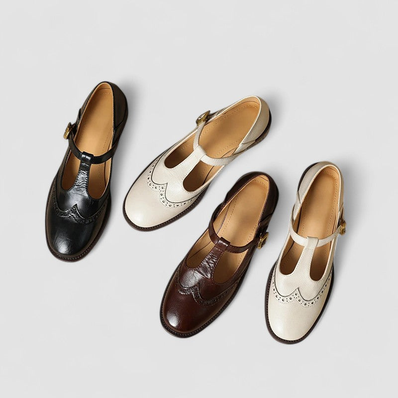 Aurelie Sinclair | Cream Leather T-Strap Brogue Mary Jane Flats