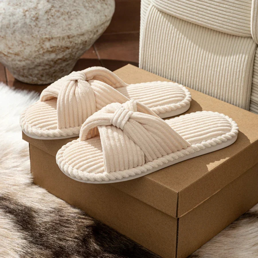 Emmeline Chartreuse | Corduroy Bow Slide Slippers in Cream