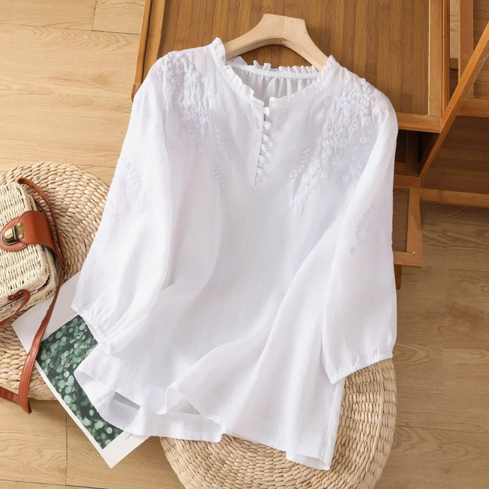 Evangeline Thornmere | Light Blue Embroidered Linen Blouse