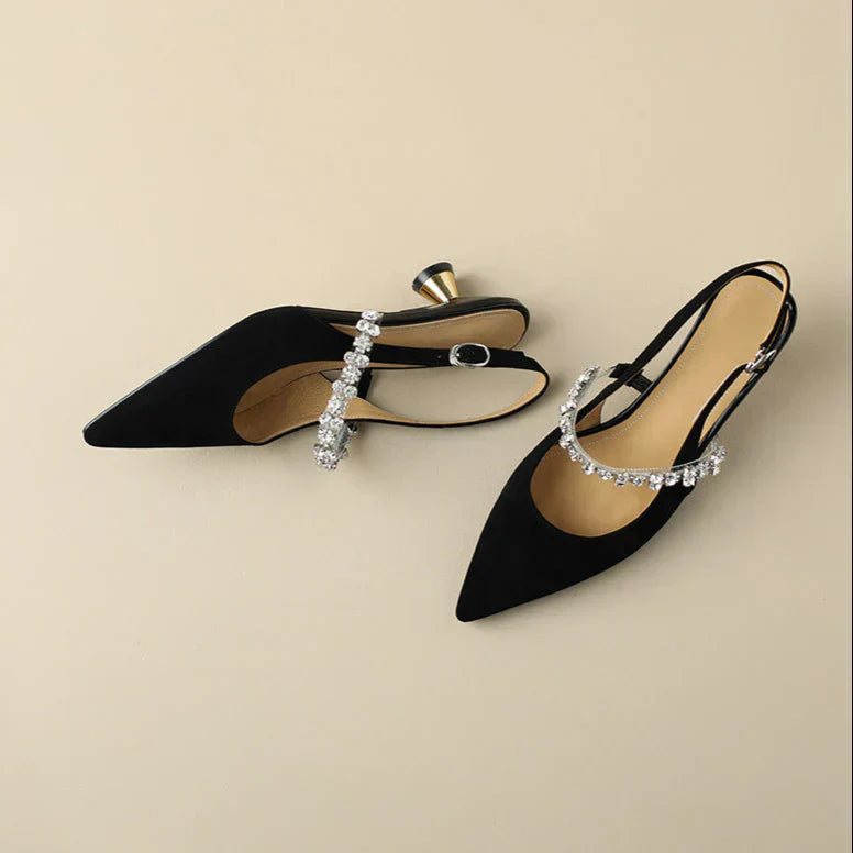 Cosette Wyndham | Silver Crystal Strap Slingback Pointed Toe Heels