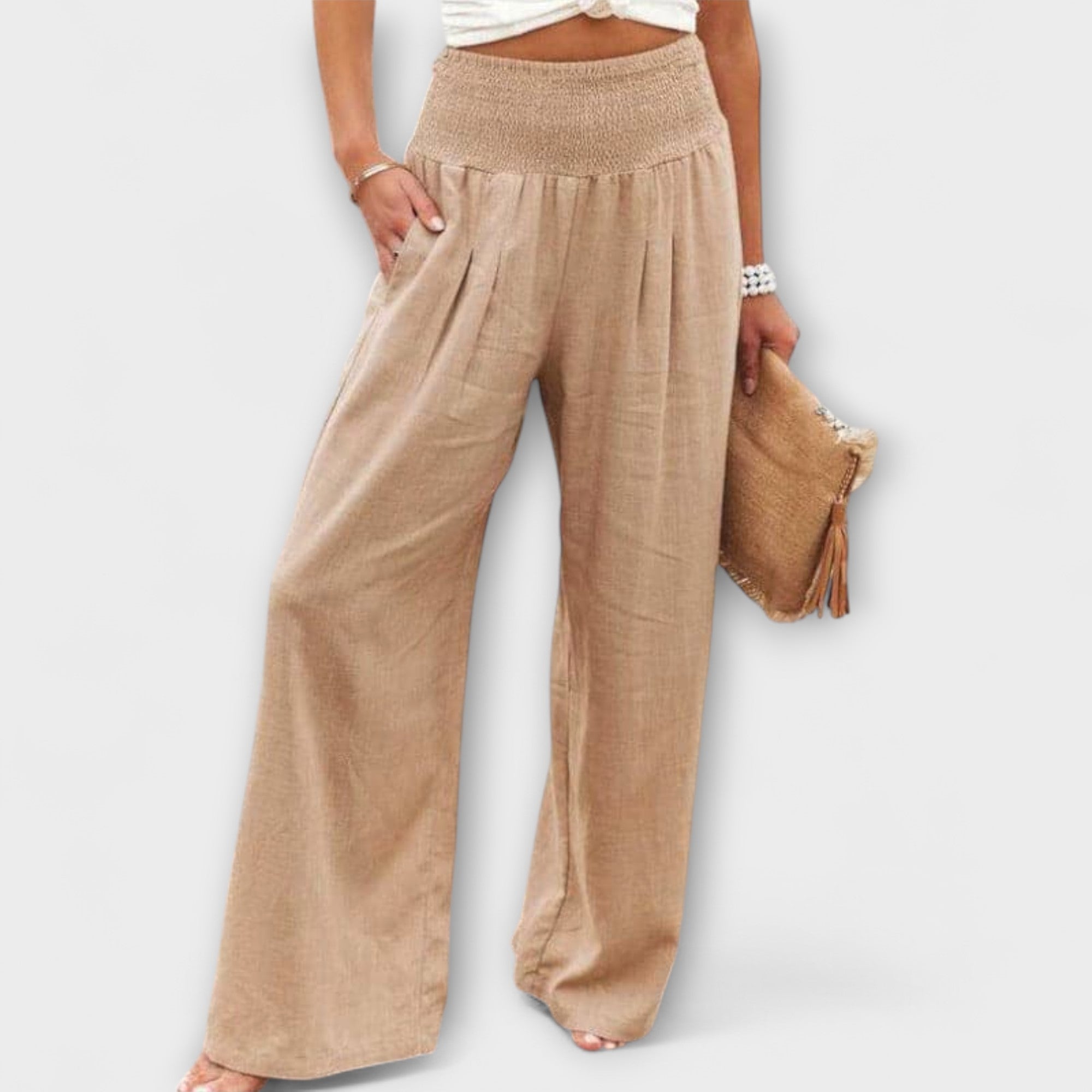 Roseline Beaupré | Coral Wide-Leg Linen Trousers with Smocked Waist