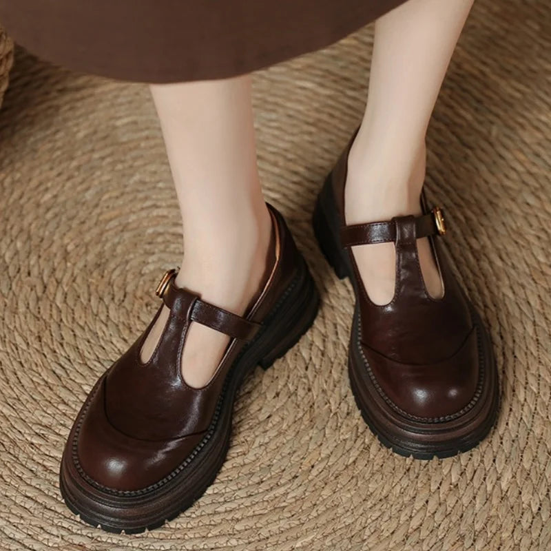 Colette Ravensdale | Brown T-Bar Mary Jane Shoes with Platform Sole