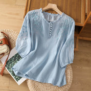 Evangeline Thornmere | Light Blue Embroidered Linen Blouse