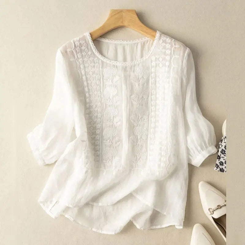 Améline Vosburgh | White Embroidered Relaxed Linen Blouse