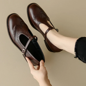 Colette Fairverne | Brown Brogue T-Strap Mary Jane Low Block Heel