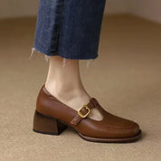 Céleste Fontarrive | Women's T-Strap Mary Jane Flats Square Toe Low Block Heel