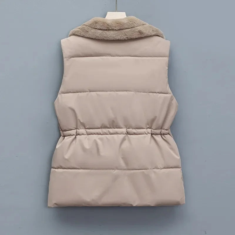 Geneviève Hartwell | Faux Fur Collar Puffer Vest in Brown