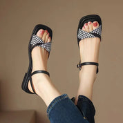 Corinna Beausoleil | Houndstooth Flat Ankle Strap Sandals