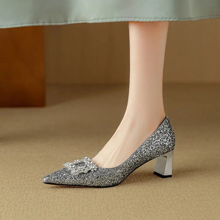 Estelle Ravenswood | Gold Glitter Block Heel Pumps with Crystal Buckle