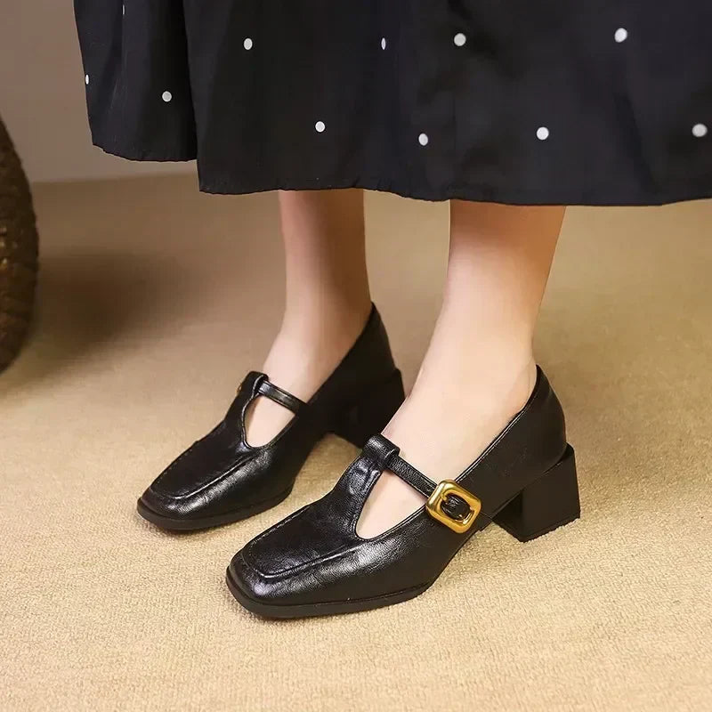 Marcelle Vaubourne | Brown Square Toe Mary Jane Block Heel