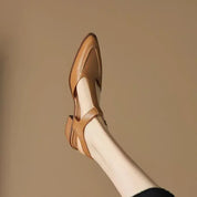 Camille Beauverne | T-Strap Buckle Flat in Tan Leather