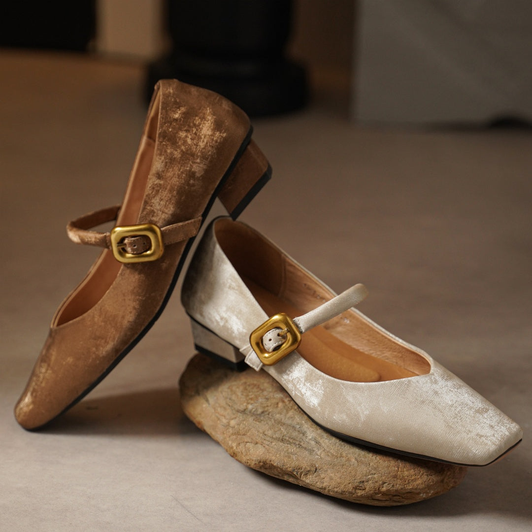 Sylvaine Delcroix | Velvet Mary Jane Block Heels with Gold Buckle