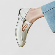 Sylvie Beauchamp | Black T-Strap Orthopedic Low Heel Flat