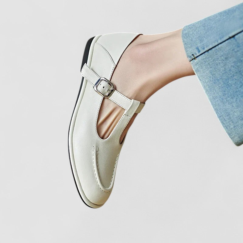 Sylvie Beauchamp | Black T-Strap Orthopedic Low Heel Flat