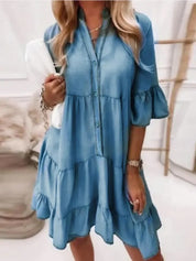Colette Vanbrémont | Light Blue Tiered Ruffle Mini Dress Button-Down