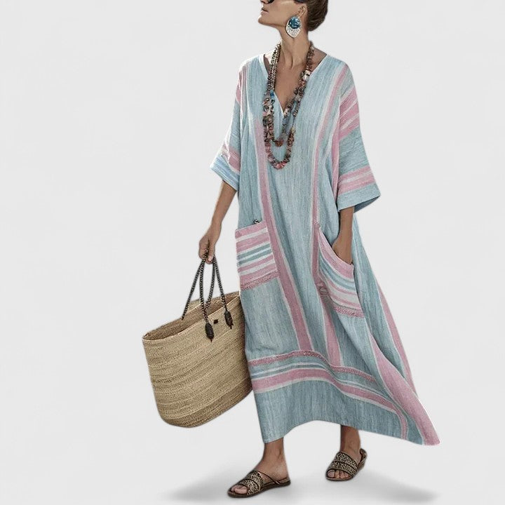 Céleste Fonrouge | Bohemian Cream Linen Maxi Dress with V-Neck