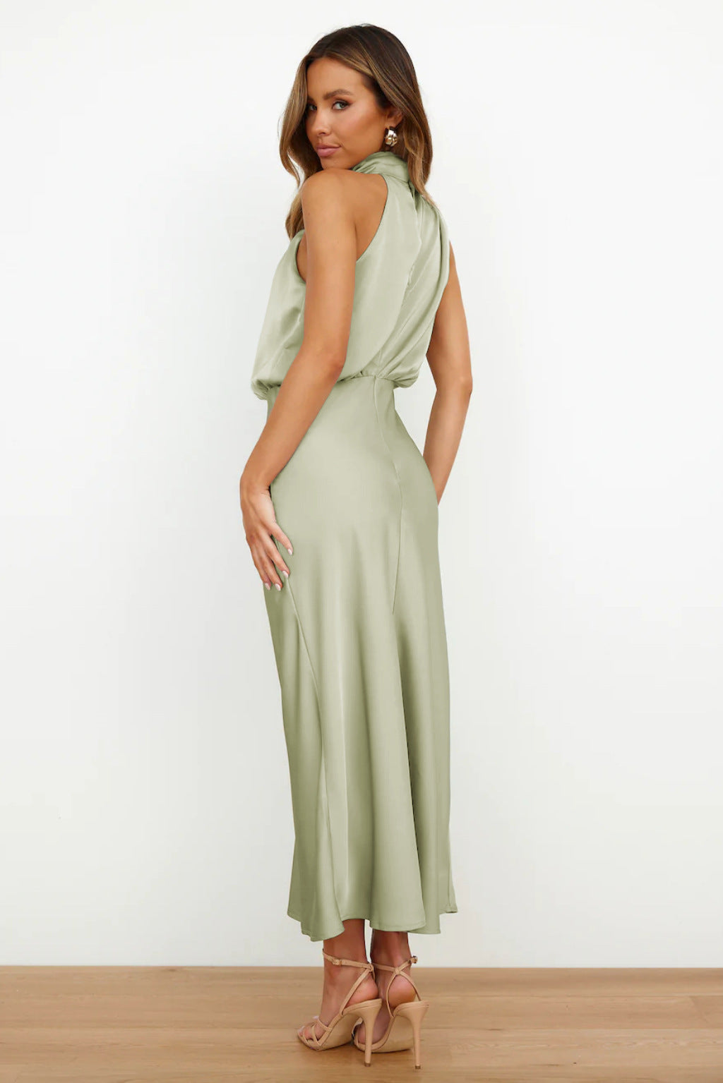 Théodeline Beauvaux | Sage Green Satin Halter Midi Dress