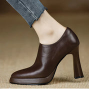 Veronique Stanhope | Women's Platform Block Heel Pump with Side Zipper in Brown