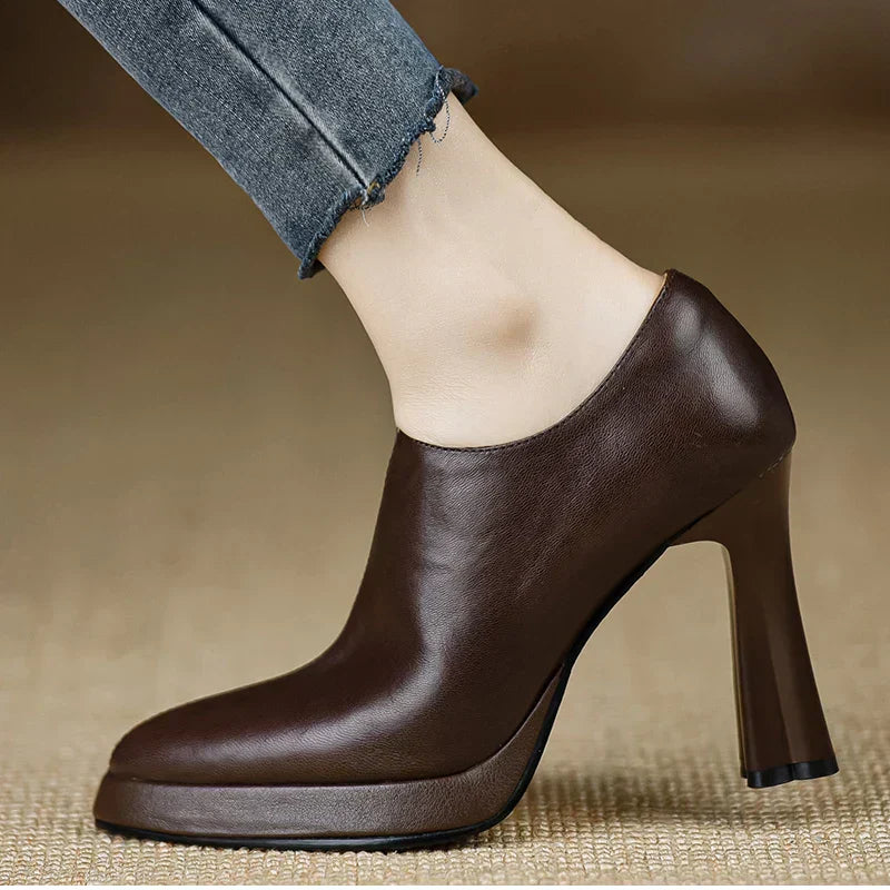 Veronique Stanhope | Women's Platform Block Heel Pump with Side Zipper in Brown