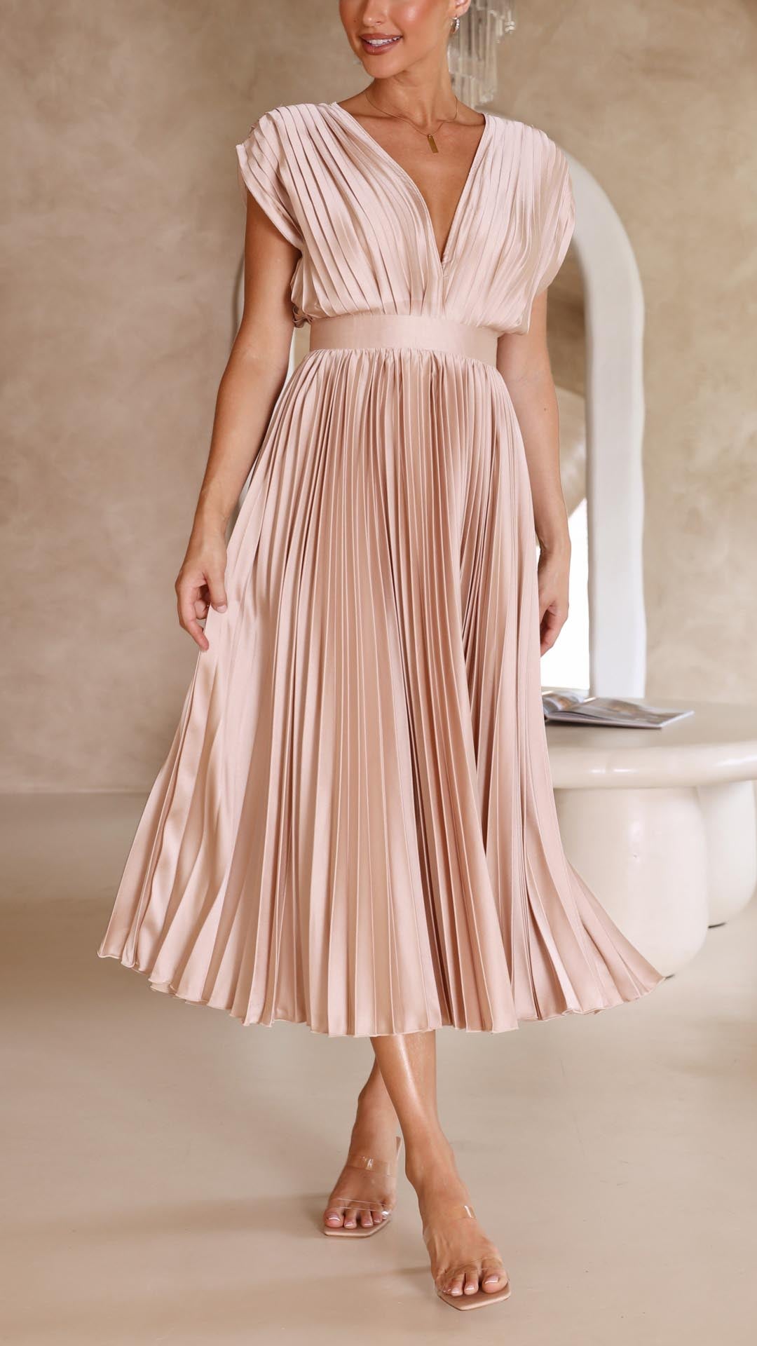 Viviana Chesterleigh | Rose Pleated V-Neck Midi Dress