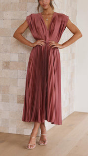 Viviana Chesterleigh | Rose Pleated V-Neck Midi Dress