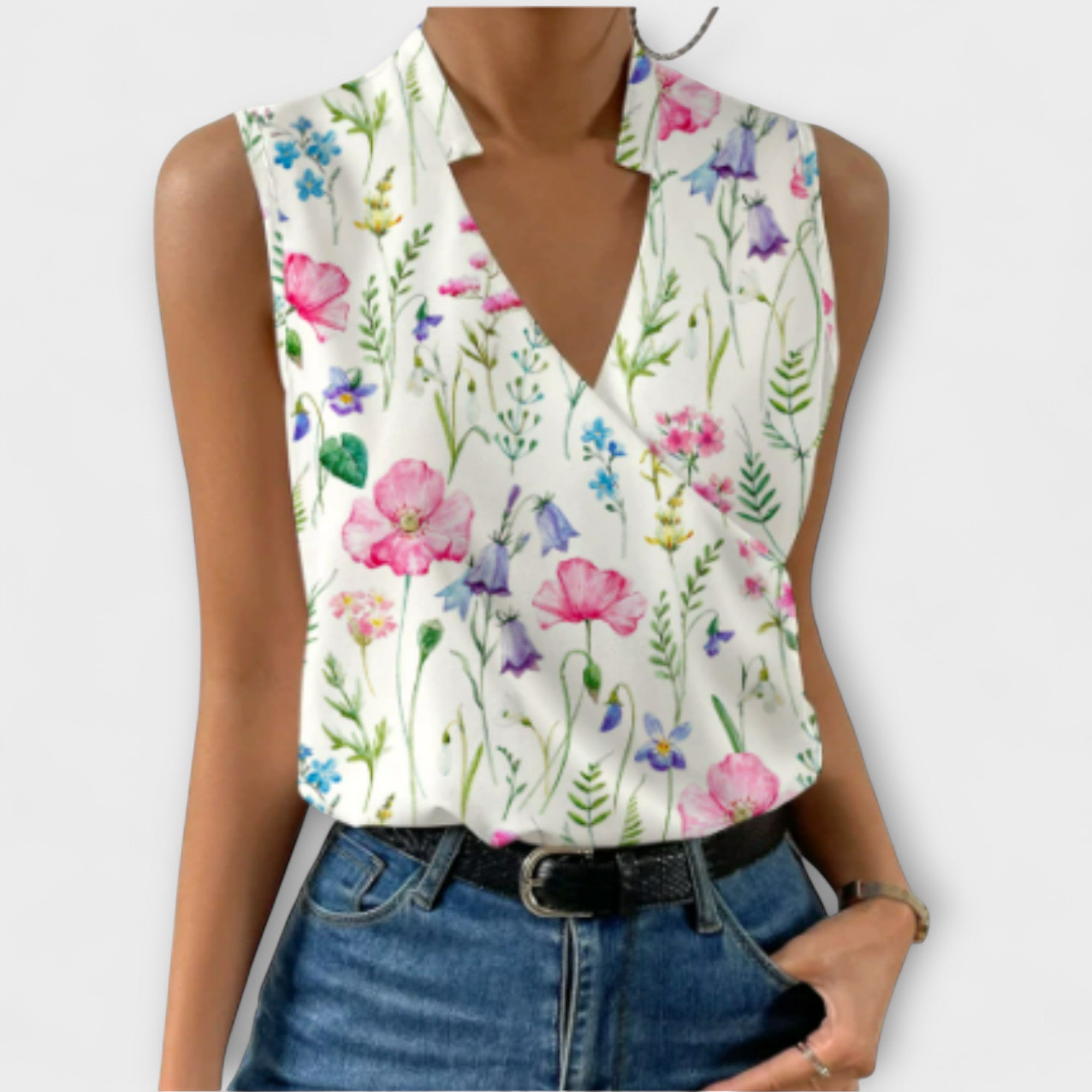 Vivienne Ravensworth | White Satin Sleeveless V-Neck Blouse