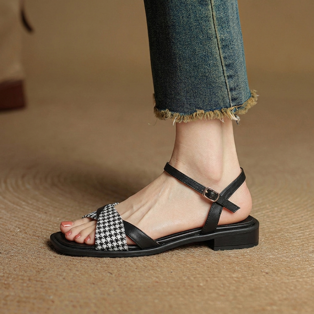 Corinna Beausoleil | Houndstooth Flat Ankle Strap Sandals