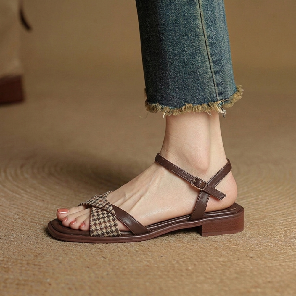 Corinna Beausoleil | Houndstooth Flat Ankle Strap Sandals