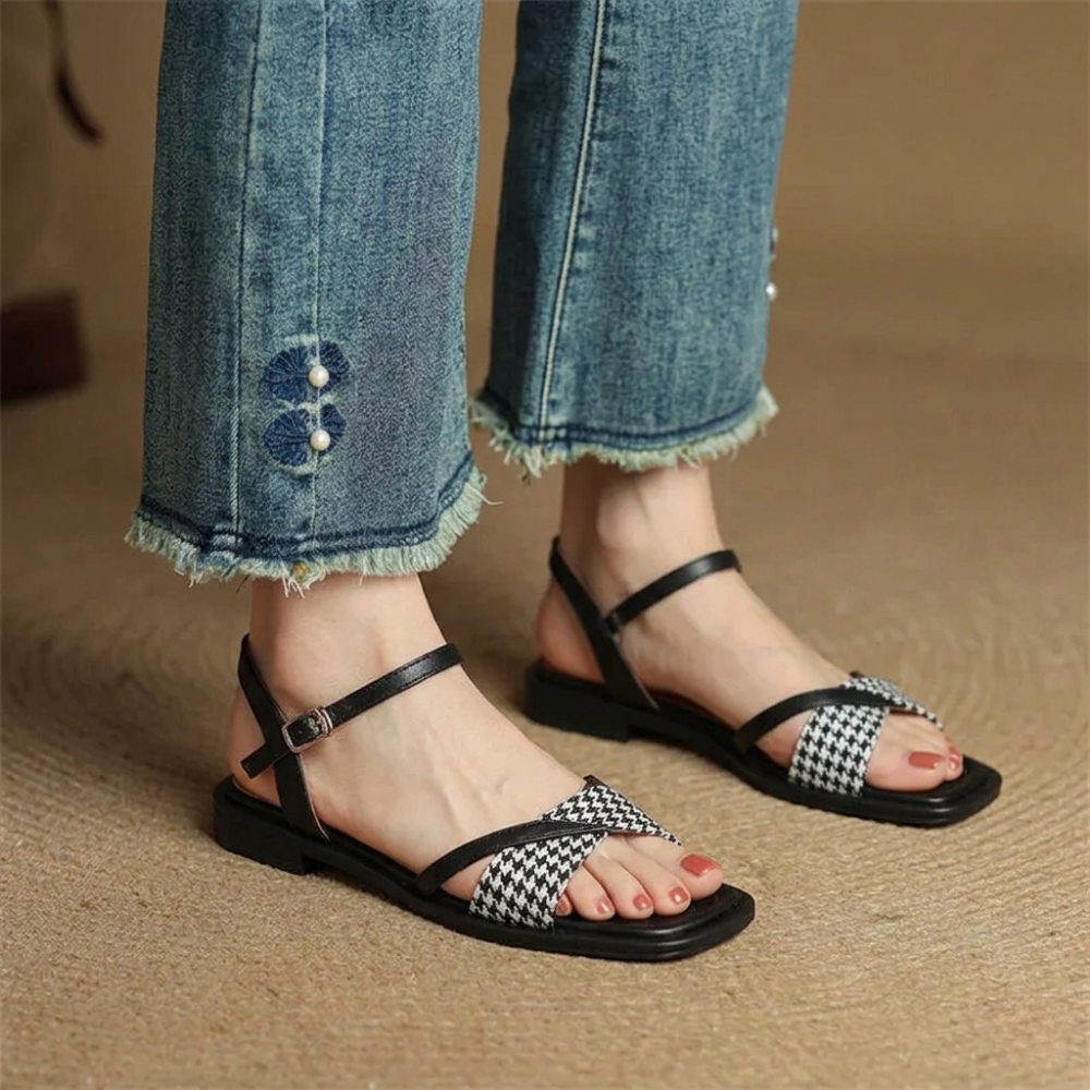 Corinna Beausoleil | Houndstooth Flat Ankle Strap Sandals