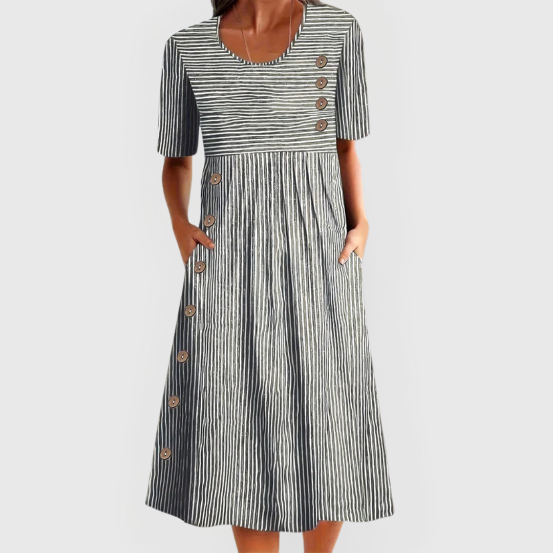 Genevieve Hartwell | Blue Striped Midi Dress with Button Detail