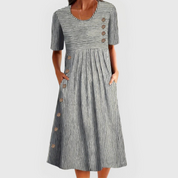 Genevieve Hartwell | Blue Striped Midi Dress with Button Detail